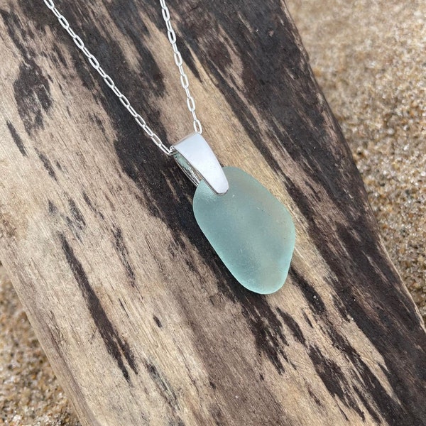 Genuine Seafoam Sea Glass Necklace, Beach Glass Pendant, Sterling Silver Jewelry, Perfect as a Gift or for Yourself with Free Shipping