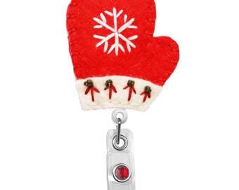 Muffole (rosso) - porta Badge portanome Holiday - infermieri distintivo distintivo titolare-carino ID univoco bobine distintivo titolare - feltro distintivo - RN Badge Reel