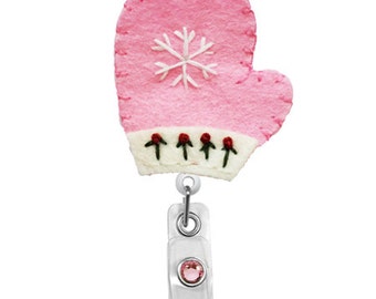 Muffole (rosa) - porta Badge portanome Holiday - infermieri distintivo distintivo titolare-carino ID univoco bobine distintivo titolare - feltro distintivo - RN Badge Reel