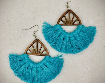 Macrame earrings, wood, cotton, turquoise, teal blue, boho dangle drop dangly earrings