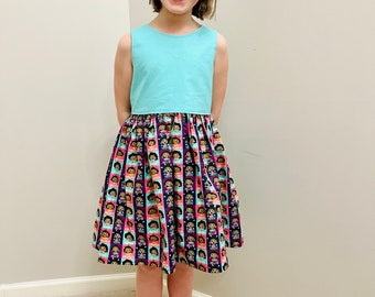 Girls' tank dress, Encanto sundress, Walt Disney World, Mirabel emotions fabric, pockets optional! Lined bodice, keyhole back