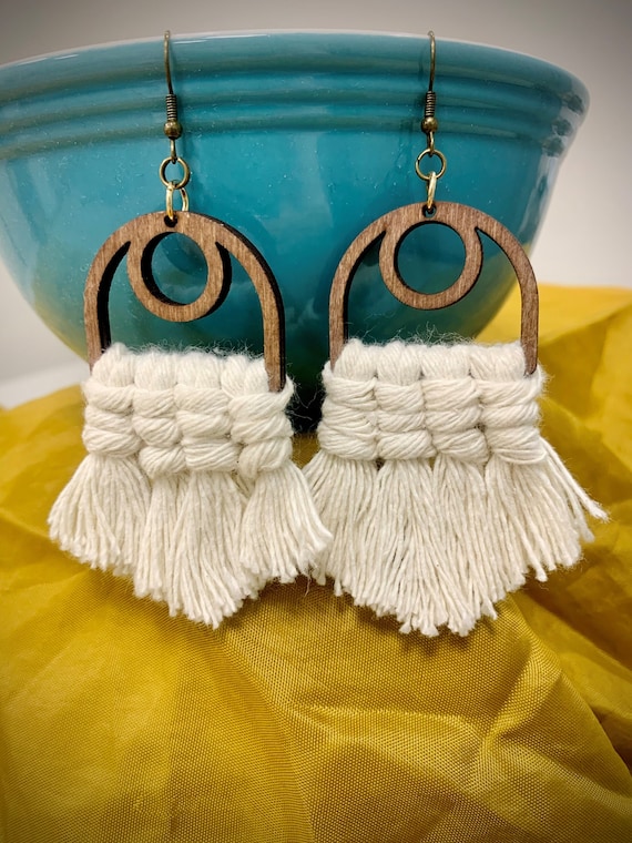 Macrame Earrings Wood Cotton White Cream Boho Dangle Drop