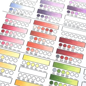May include: A color chart with rows of small, round paint swatches in various shades of purple, red, orange, yellow, green, and blue. The chart is labeled with color numbers and names.