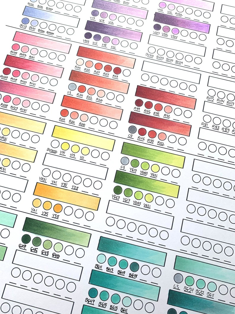 May include: A color chart with rows of small, round paint swatches in various shades of purple, red, orange, yellow, green, and blue. The chart is labeled with color numbers and names.