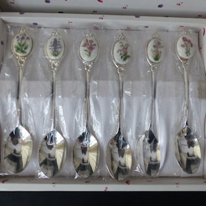 1970&#39;s Dessert Spoons - Silver Plate & Porcelain Dessert Spoons - Wild Flower Decoration
