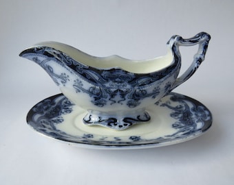 Gravy Boat Art Nouveau A J Wilkinson - Royal Staffordshire  - Flow Blue Gravy Boat+Tray - Iris Pattern