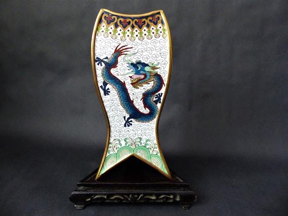 Rare Antique Chinese Cloisonne Triangular Vase With Stand - Three Imperial Dragons Decoration