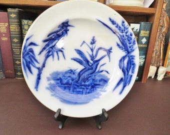 Flow Blue Pottery - c 1873 + Victorian Flow Blue Plate Kingfisher  Decoration - Edge Malkin & Co - Farmhouse Chic