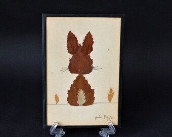 Vintage Art - Autumnal Leafed Rabbit Picture - Original Artwork, Signed Wall Hanging, Rabbits, Pictures