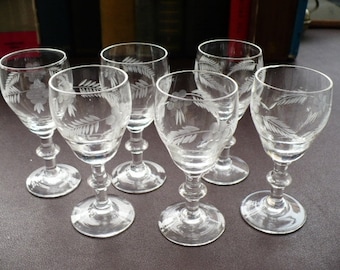 Six Antique Cut Glass Sherry Glasses - Wheel Cut Glass - Breweriana - We Combine Shipping