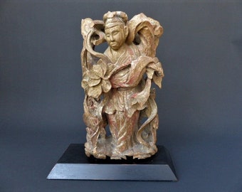 Antique Chinese "Sleeve Dancer" Wood Temple Carving - Antique Chinese Carving