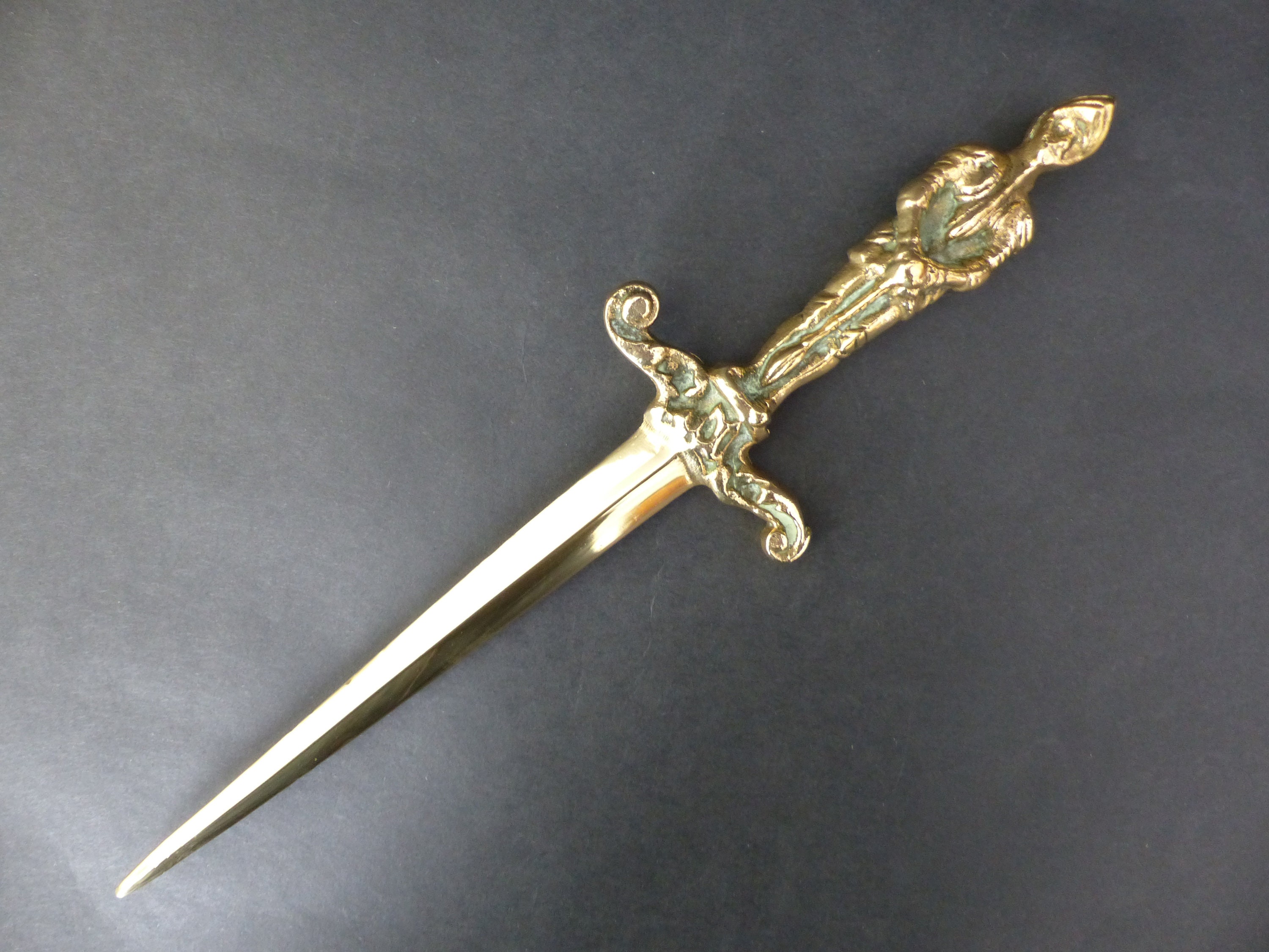 Vintage Heavy Brass Armour Knight Head Handle Dagger Letter Opener Page Turner 