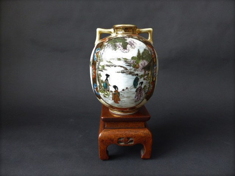 Antique Japanese Noritake Vase, Four Panel Noritake Vase Lakeside