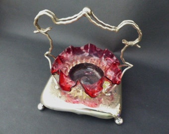 19th c Stevens & Williams Large Glass Master Table Salt, Cranberry, Uranium Glass , S'Plate Kerr and Philips of Glasgow Mount