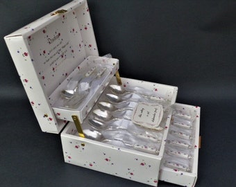 Vintage 14 Piece Dessert Set, Silver Plate & Porcelain Boxed Set