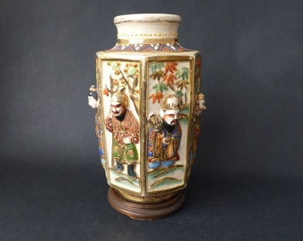 Meiji Era Japanese Vase And Base - Seven Lucky Gods