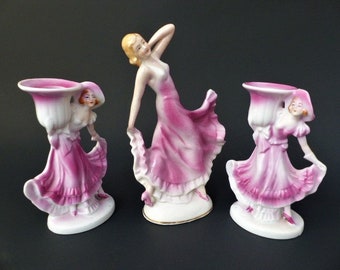 Art Deco Dressing Table Set - German Art Deco Figurine & Figural Candle Holders