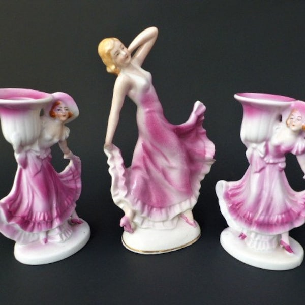 Art Deco Dressing Table Set - German Art Deco Figurine & Figural Candle Holders