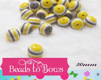 20mm Striped Grey and Yellow on White Bubblegum Beads, Chunky Bubble Beads, Acrylic Round Striped Beads