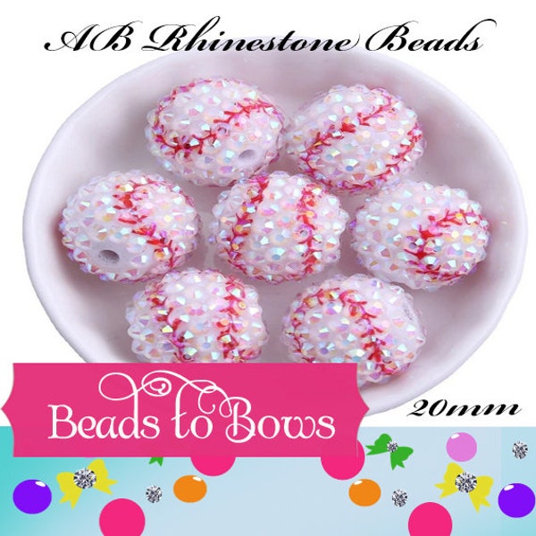 20mm AB Resin Rhinestone Baseball Beads, Bubblegum Baseball Beads, Chunky Round Bead, Football Baseball Mom Sports Bead