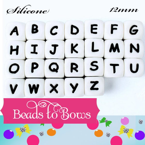 Alphabet 12mm White Silicone Black Letter Beads, ABC Beads, Food Grade Silicone Beads, Name Beads
