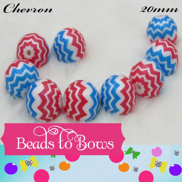 B Grade 20mm Red Blue Chevron Print On White Pear Bubblegum Beads, Chunky Gumball Beads, Bubblegum Bead Supply, Chunky Printed Pearl Beads