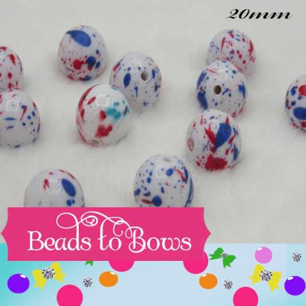 New 20mm Printed Red and Blue Splatter Bubblegum Beads Acrylic Beads, Chunky Gumball Beads With Stars, July 4th. Red White and Blue Beads