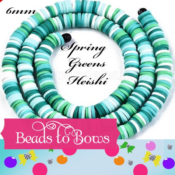 6mm Spring Greens Multi Heishi Bead Strands, Flat Round Polymer