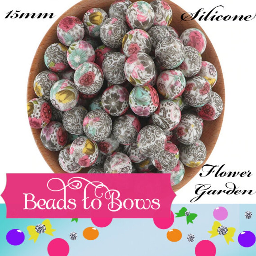 15mm Floral Garden Print Silicone Bead, Printed Silicone Beads