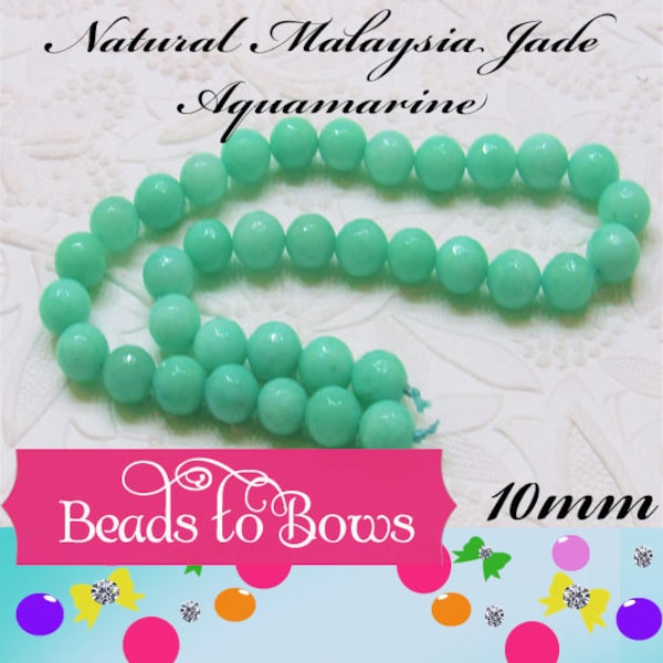 Natural Malaysia Aquamarrine Jade 10mm Beads, 14 inch Strand, 36 piece strand,  Dyed Natural Malaysia Jade Coral Beads