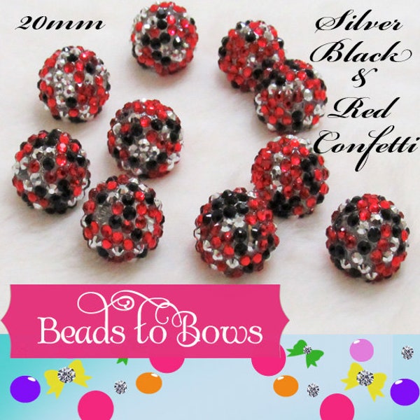 New 20mm Black Silver & Red Confetti Rhinestone Beads, Bubblegum Beads, Bubblegum Rhinestone Beads, Chunky Rhinestone beads, Bead Supply