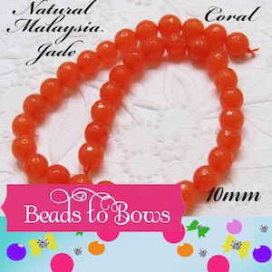 Natural Malaysia Coral Jade 10mm Beads, 14 inch Strand, 37 piece strand, Dyed Natural Malaysia Jade Coral Beads image 1