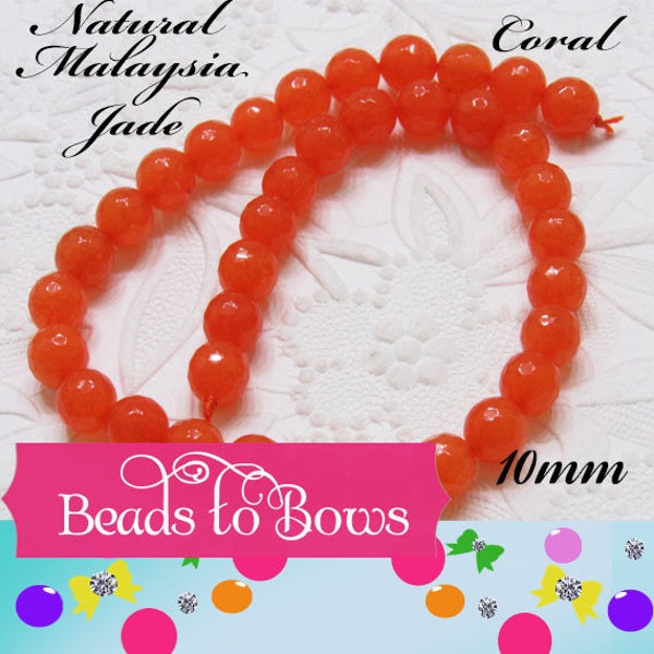 Natural Malaysia Coral Jade 10mm Beads, 14 inch Strand, 37 piece strand,  Dyed Natural Malaysia Jade Coral Beads
