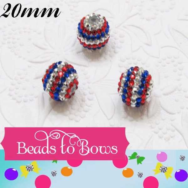 20mm Red White Blue Striped Bubblegum Rhinestone Beads, July 4th. Beads, Chunky Gumball Beads, Bubblegum Necklace Bead Supply,