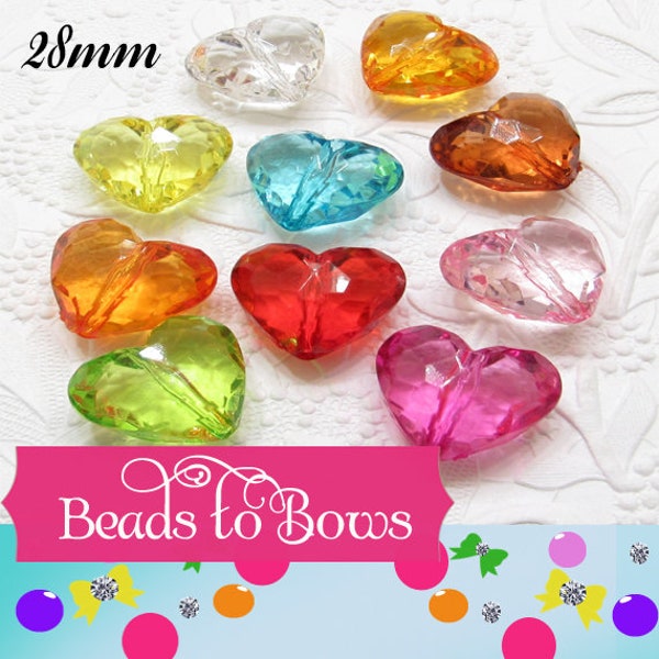 2 for 1.00 - 28mm Transparent Heart Beads, Assorted Colors, Bubblegum Acrylic Bead, Faceted Crystal Look  Bead, Chunky Heart Bubblegum Bead