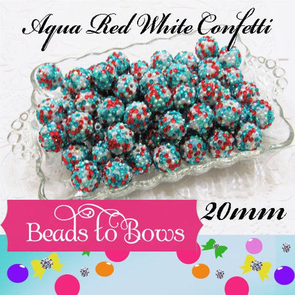 Chunky 20mm Rhinestone Beads, Aqua Red and White Confetti Beads,  Rhinestone Beads, Chunky Rhinestone beads, Bead Supply