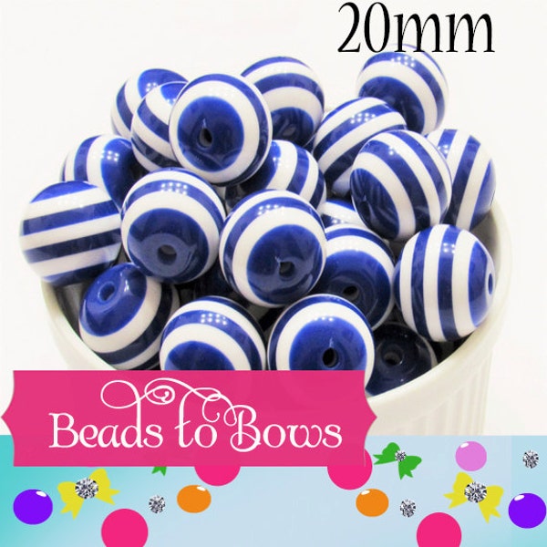 Chunky Blue & White Striped Bubblegum Beads, Gumball Beads, Acrylic Gum Ball Beads, Round Resin Beads, Chunky Necklace Supply Beads