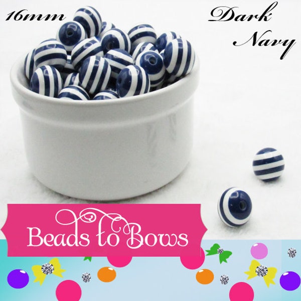 16mm Navy Blue and White Striped Bubblegum Beads, Bubblegum Beads, Gumball striped Resin Beads, Chunky Round Striped Beads