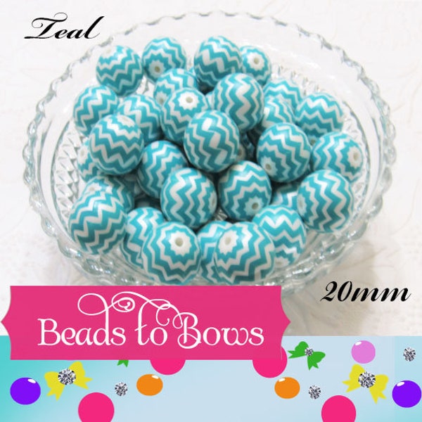 B Grade Teal Chevron on Matte White Pearls,  Bubblegum Beads, Chunky Gumball Beads, Bubblegum Bead Supply, Chunky Printed Pearl Beads