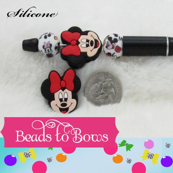 25mm Minnie Silicone Focal Bead, Teething Beads, Beadable Pen Beads, Key Chain Wristlet Beads, Food Grade Silicone,