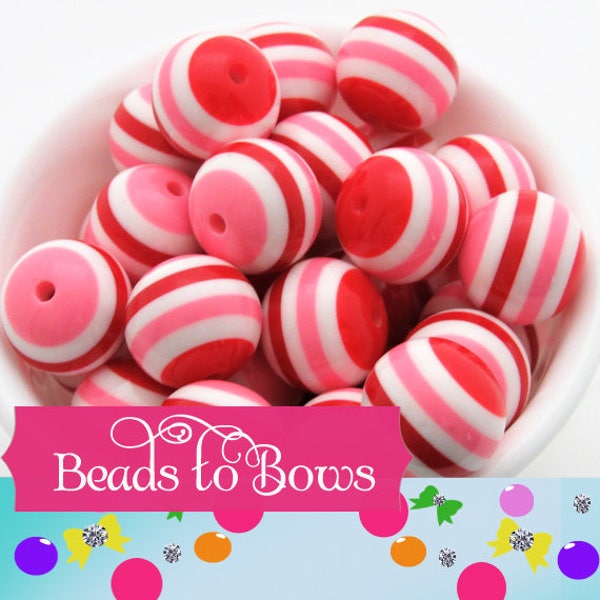 20mm Red and Pink Bubblegum Beads, Chunky Striped Beads, Valentine Chunky Necklace Supply Bead, Pink Red White Striped Beads