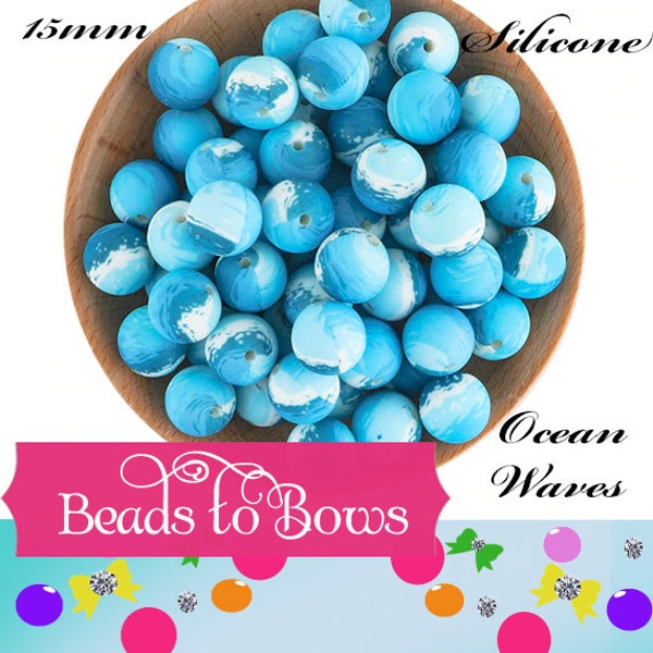 New 15mm Ocean Waves Printed Silicone Bead, Blue Print Teething Beads, Food Grade Silicon Beads, Key Chain Silicone Beads