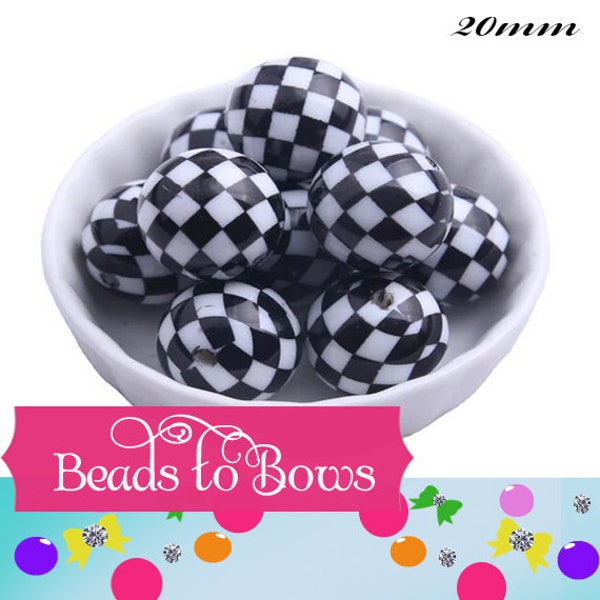 Black & White Checked 20mm Gumball Beads, 20mm Chunky Jewelry Beads, Colorful Acrylic Bubblegum Beads, Round Acrylic 20mm Beads