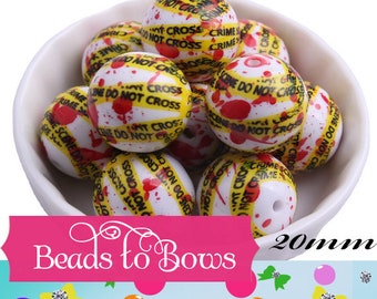 20mm Red, Yellow On White Crime Scene Tape Bubblegum Beads, Splatter Red and Yellow CSI Bubblegum Beads, Printed Bubblegum Beads