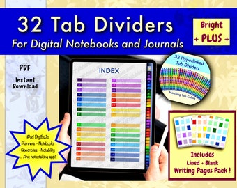 32 Tab Dividers, Matching Pastel Writing Pages, Digital Tabbed Page Dividers, GoodNotes, Notability, Instant Download, Digital Journal Tabs