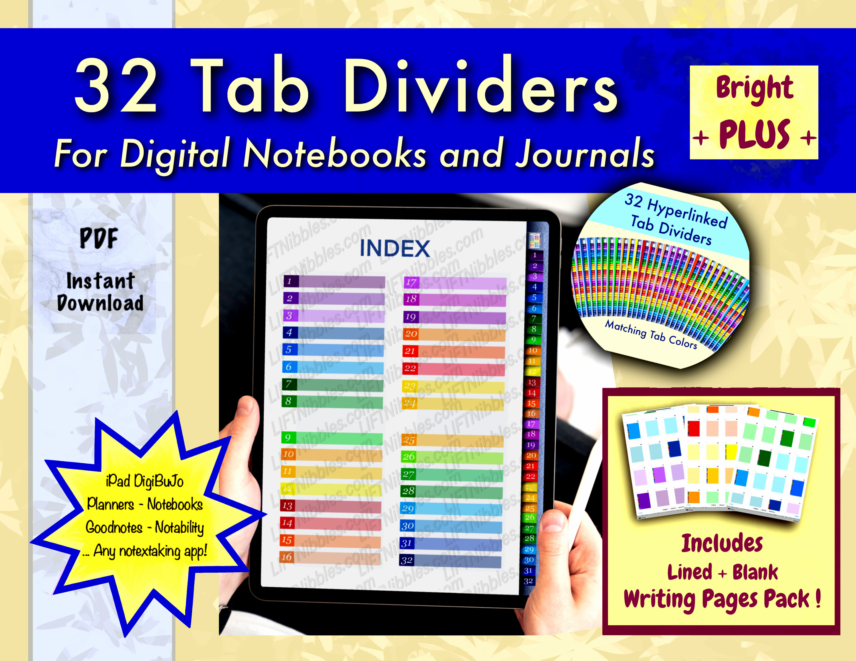 32 Tab Dividers, Matching Pastel Writing Pages, Digital Tabbed Page