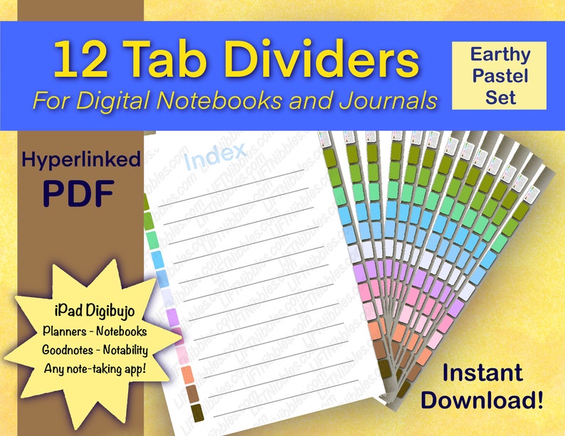 12 Tab Dividers, Digital Tabbed Page Dividers for GoodNotes, Notability, Index Included, Instant Download, Digital Journal Tabs, Neutral image 1