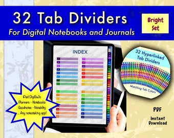 32 Tab Dividers, Digital Tabbed Page Dividers for GoodNotes, Notability, Matching Pages, Instant Download, Digital Journal Tabs