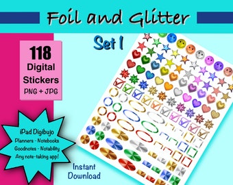 Foil and Glitter Digital Planner Stickers, Digital Stickers for GoodNotes, Individual PNG Files, Instant Download, Digital Journal Stickers