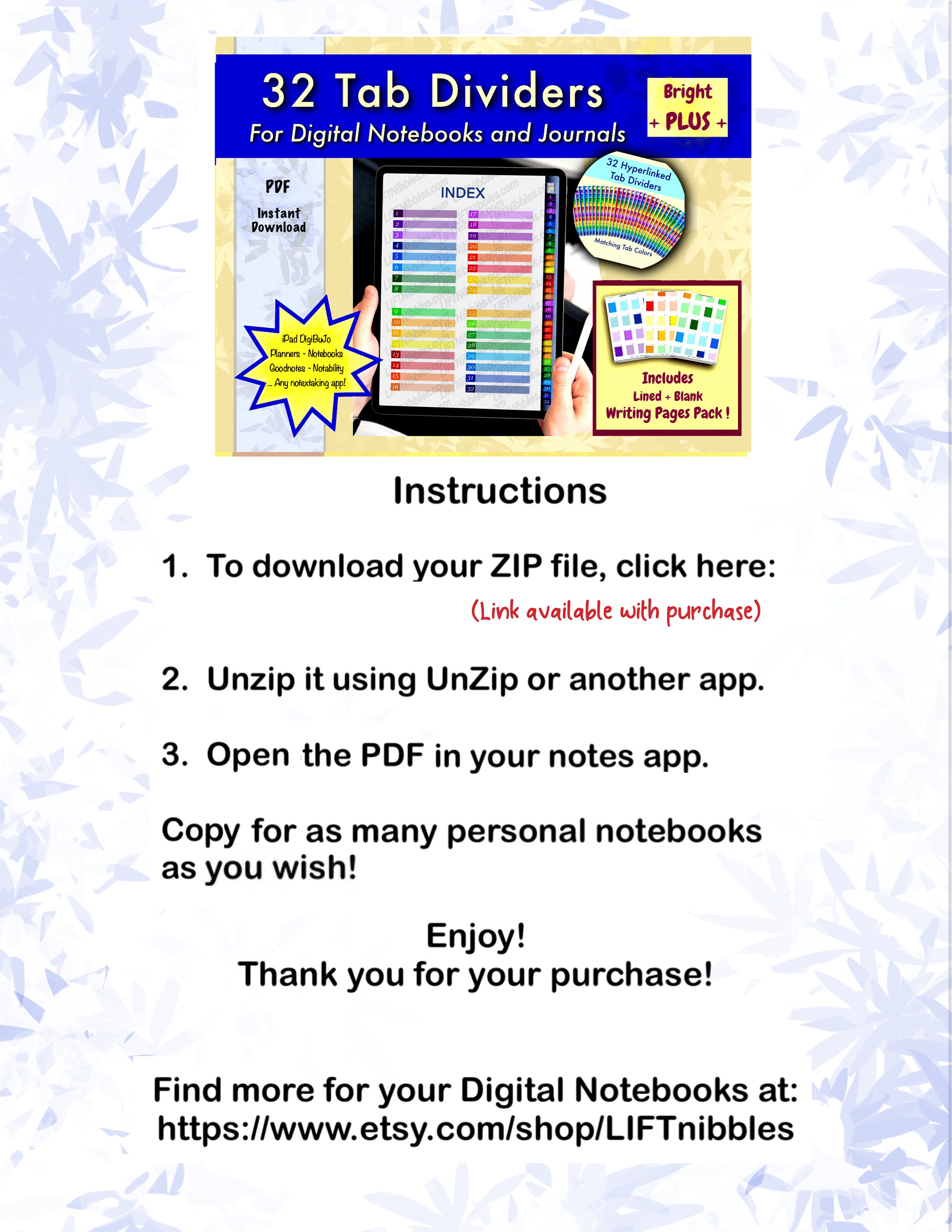 32 Tab Dividers, Matching Pastel Writing Pages, Digital Tabbed Page